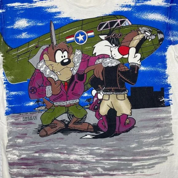 Vintage 94 Taz Looney Tune Bomber Squad Victory All Over Print Freeze T-Shirt XL - Picture 5 of 15